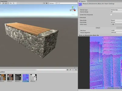 Bench 6 Wood on Mosaic Stone Block Low-poly 3D model