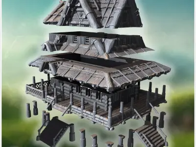 Elevated rustic wooden house with detailed porch steep stairs an 3D print model