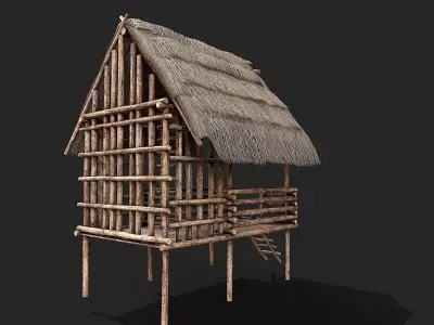 Primitive Wooden Shelter with Thatch Roof 3  Low-poly 3D model