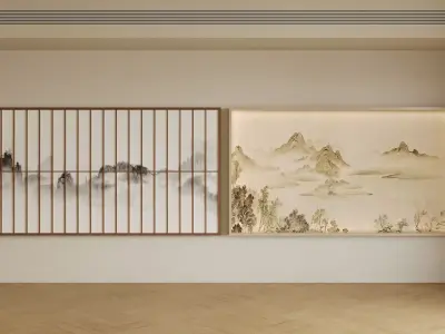 On the left is a screen with wooden grids 3D model