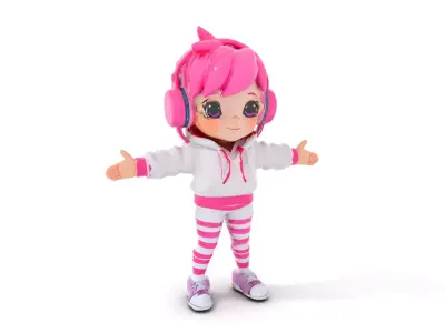PinkHaired Anime Character Rigged and Animated with Headphones Low-poly 3D model
