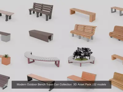 Modern Outdoor 20 Bench 2 Trash Can Collection  3D Asset Pack