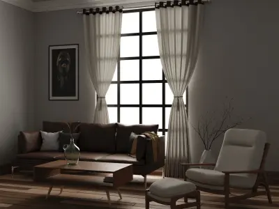 Modern Living  Room set - with curtain Low-poly 3D model