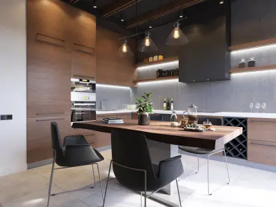 Wooden Kitchen And Living Room 3D model