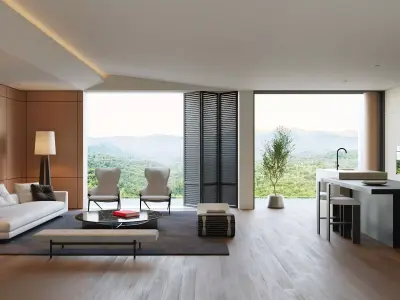 Living Room and Kitchen with Dinning Set Low-poly 3D model