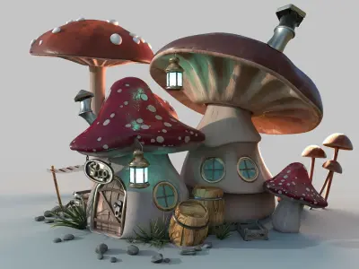 Mushroom house subdivision and  Low-poly 3D model
