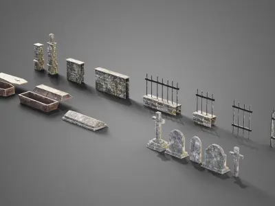 Graveyard set four gravestones Low-poly 3D model