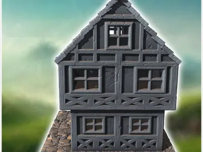 Two-story medieval house with timber framing small windows and c 3D print model