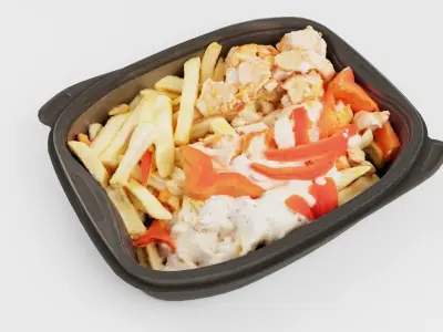 Poke bowl lunch box with fried potatoes chips chicken pepper 3D model