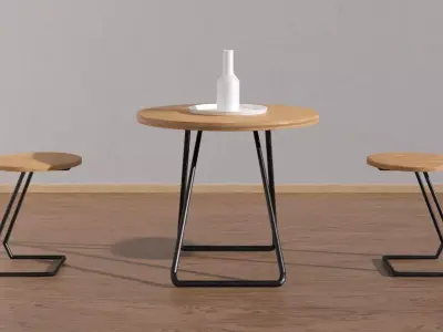 Round table and stool furniture set placed on wooden floor 3D model