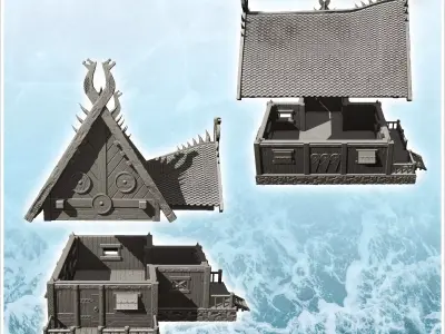 Wooden viking house on platform with double stairs and annex 12  3D print model