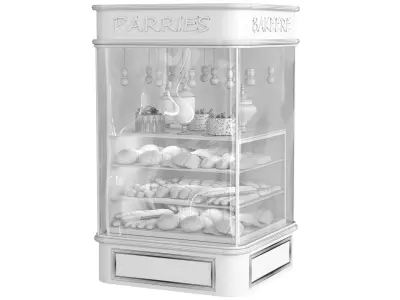 Display case in a bakery with pastries bread and croissants 3D model