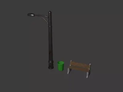 Game Ready Street Light Bench Dustbin Low-poly 3D model