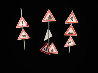 Czech road signs pack - Warnings Low-poly 3D model