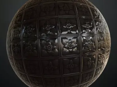Victorian Embossed Glossy Black Floral Tiles PBR Seamless Texture