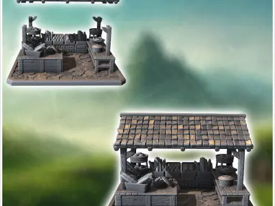 Rustic market stall with baskets barrels and a tiled roof displa 3D print model