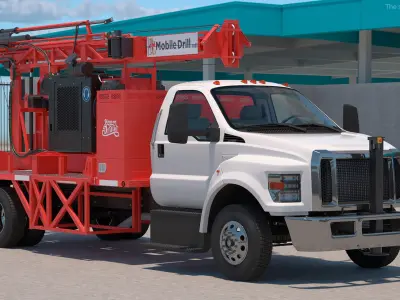  Mobile B-51 Drill Rig Truck Red Rigged for Cinema 4D 