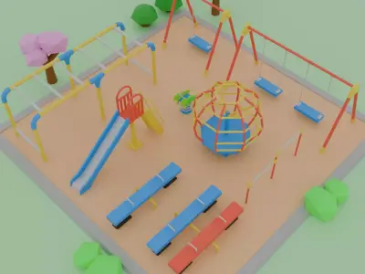Low polygon Japanese park playground equipment set Low-poly 3D model