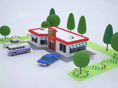 LowPoly Scene Cafe Restaurant Station Low-poly 3D model