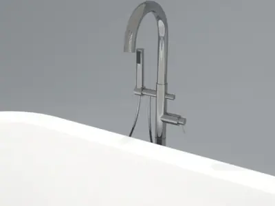 freestanding bathtub with floor mounted chrome tap and shower Low-poly 3D model