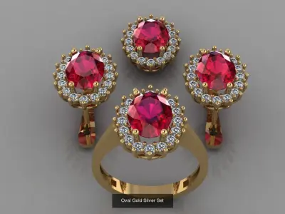 Gold Silver Ring Earring Necklace Set 3D Model Pack