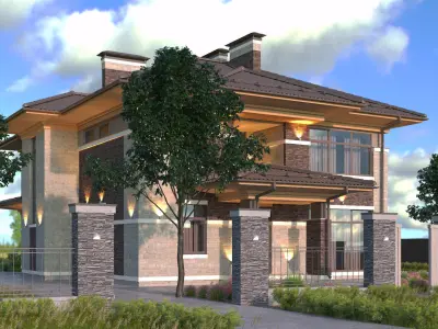 The house is finished with stone brick and wood 3D model