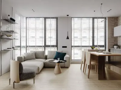 Living Room and Kitchen with Dinning Set Low-poly 3D model