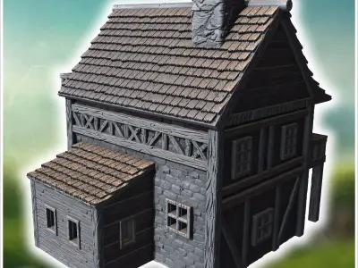 Half-timbered medieval house with a large balcony stone foundati 3D print model