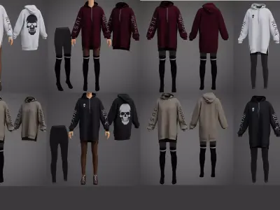 Goth Oversized Sweatshirts Fishnet Leggings Socks Outfit Set 3D Model Pack