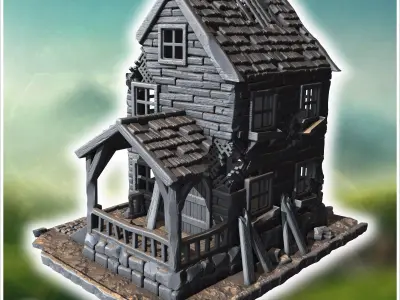 Two-story wooden house with a damaged porch broken windows and a 3D print model