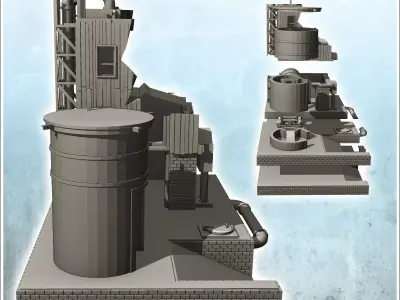 Brick industrial plant on platform with auxiliary tank and pipes 3D print model