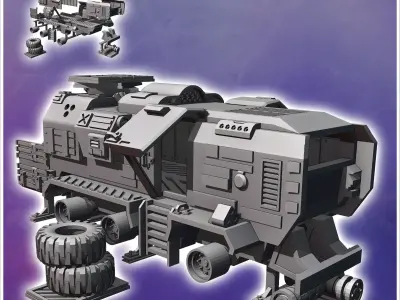 Futuristic shelter in a vehicle carcass with tires and slightly  3D print model