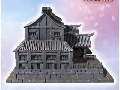 Pair of large Japanese buildings with wooden stairs tiled roofs  3D print model
