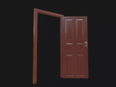 Brown Six-Panel Wooden Door with Brass Handle 3D model