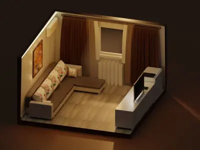 Evening comfortable living room Low-poly 3D model