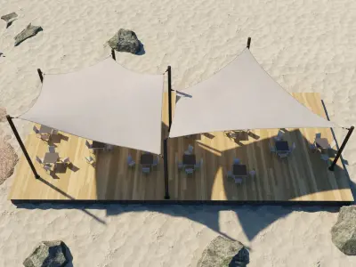 Shade Canopyvs rocks and sand vs rotang table and stool 3D model