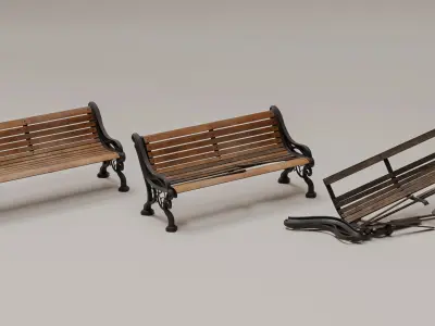 Set of 3 Old Park Benches Intact Damaged and Broken PBR Low-poly 3D model