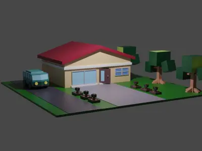 Low poly House and mini bus for free Free low-poly 3D model