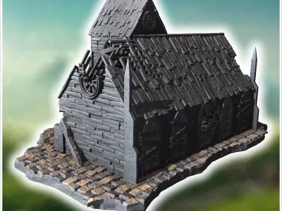 Ruined church with broken roof damaged walls and stone-paved gro 3D print model