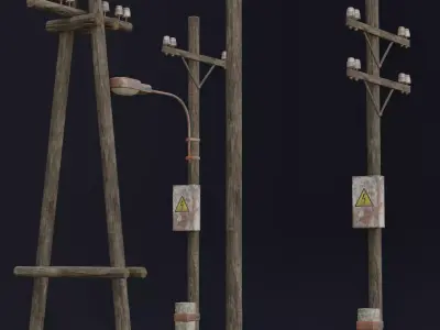 Old electric pole set PBR game ready Low-poly 3D model