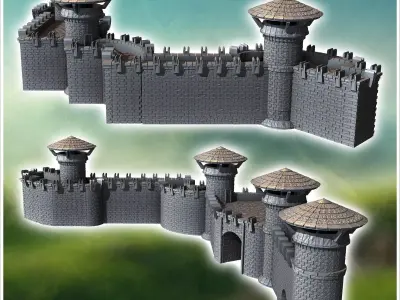 Set of modular stone medieval walls with roof towers 23 - Mediev 3D print model