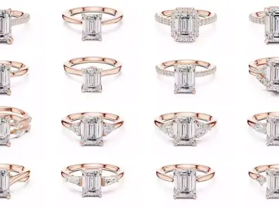 229 Emerald Cut Diamond Rings 3DM STL OBJ FBX 3 Render Video 3D Model Pack