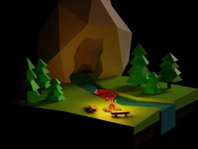 Low Poly Forest camping with campfire and trees Free 3D model