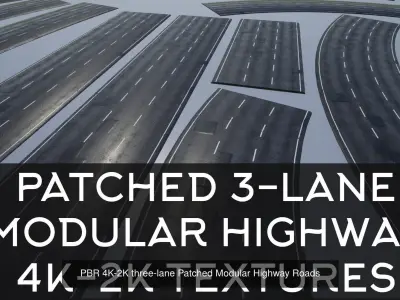 PBR 4K-2K Three-Lane Modular Highway Collection 3D Model Pack
