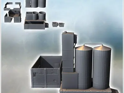 Set of two buildings with a large double storage silo 2 - Modern 3D print model
