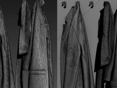 Jackets three coats hanging on wall 3D model