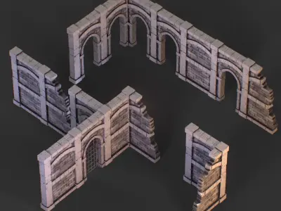 Modular medieval stone walls for dungeon pack Low-poly 3D model