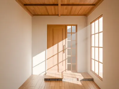 Japanese style room with a wooden door and windows Low-poly 3D model