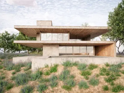 Modern Brutalist Courtyard Villa with Green Terraces 3D model