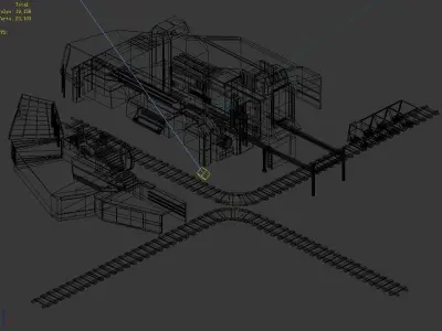 Mining-excavation-site train station with tracks and buildings 3D model